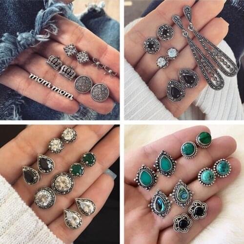 5 PAIRS/SET Vintage Bohemia Bowknot Flower Stud Earrings Water Drop Crystal Antique Silver Earrings Set Brincos Ear Jewelry Gift