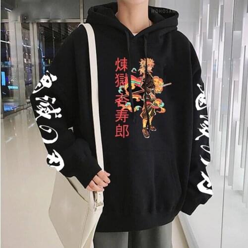Japan Anime Demon Slaye Patchwork Hoodies Men/Women Harajuku Manga Funny Rengoku Kyoujurou Winter Streets Oversized Sweatshirts