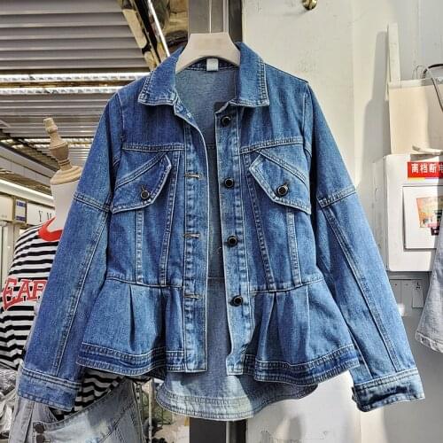 SeeBeautiful Ruffles Stitching Irregular Loose Denim Jacket Coat Lapel Long Sleeve Women Autumn 2021 New Fashion Tide G208