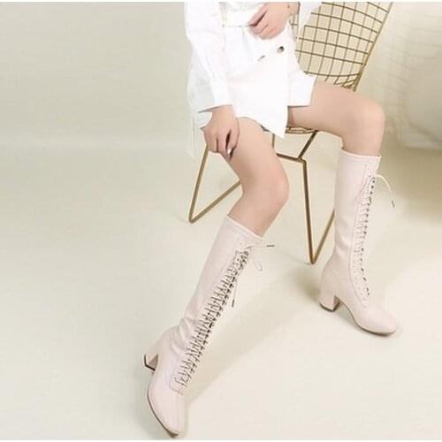 Comemore New 2021 Autumn Winter High Quality Leather Boots Womens High Heel Knee-High Boots Winter Lace Up Anti-slip Warm Boots