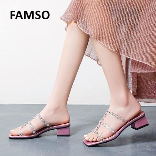Women crystal clear transparent PVC sandals slippers women fashion block Mid Heel slide chunky mules wedding shoes Plus size