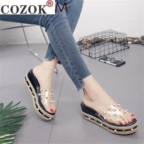 COZOK Women Sandals Summer Shoes Womens Slippers Rhinestone Wedges Flip Flops Fashion Clip Toe Beach Shoe For Woman Shoe Femme