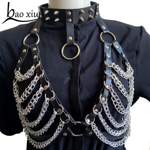 Punk Goth BDSM Lingerie Bondage Body Harness Chain Belt Sexy Garters Belt Stockings Chest Straps Womens Suspenders Leather Belt