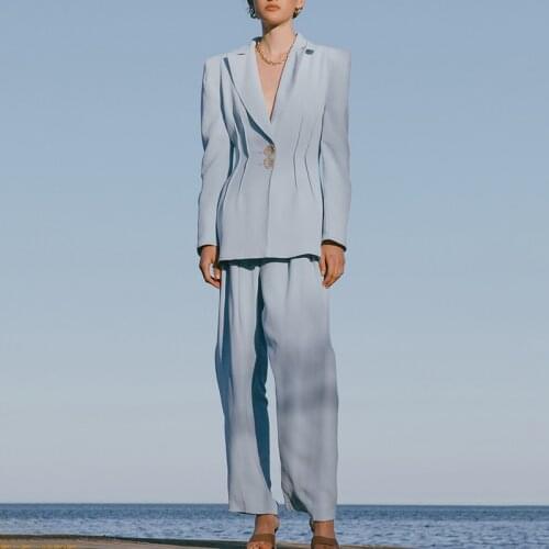 Minimalist Casual Two Piece Set For Women Notched Collar Tunic Blazer High Waist Wide Leg Pants Female Custom Made Suits