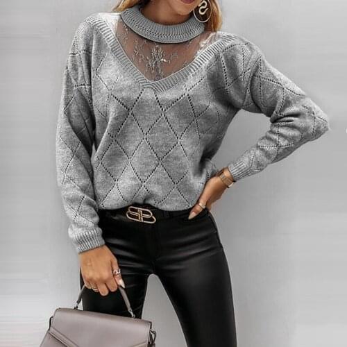 Women Casual Lace Patchwork Knitted Sweater Long Sleeve O neck Hollow Out Office Lady Pullover 2021 Autumn New Fashion Sweater