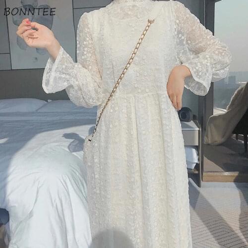Dress Women White Lace Double-layer Sweet Fairy Female Elegant Clothing Butterfly-sleeve Spring Autumn Inside All-match Vintage