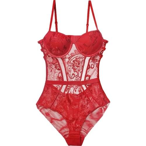 Body Womens Sexy Lingerie Bodysuit Push Up Padded Cup Strappy Back Underwire Floral Emboridery Underwear One-piece Lingerie