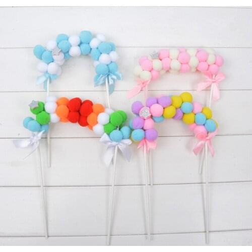 1pc Rainbow Color Fluffy Ball Arch Party Cake Decor Ice-cream Dessert Toppers Picks Kids Birthday Party Wedding Festival Decor