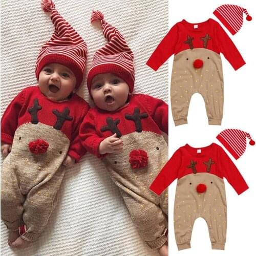 2Pcs Newborn Baby Boys Girl Christmas Rompers Long Sleeve Deer Romper Jumpsuit Hat Sleepwear Party Costume Baby Clothes