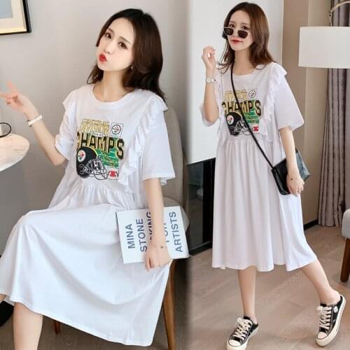 8395# Maternity Dress Summer Cotton Carttoon O Neck Short Sleeves Loose Stylish Dress Pregnant Women Mom Dress
