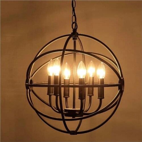 American Country Wrought Black Iron Pendant Lamp Loft Retro Iron Globe Pendant Lamp LED Bulbs Chain Pendant Metal Knob Switch AC