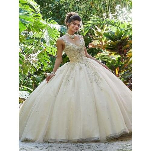 Beige Cheap Quinceanera Dresses Ball Gown V-Neck Organza Beaded Applique Dress 15 Years Princess Style