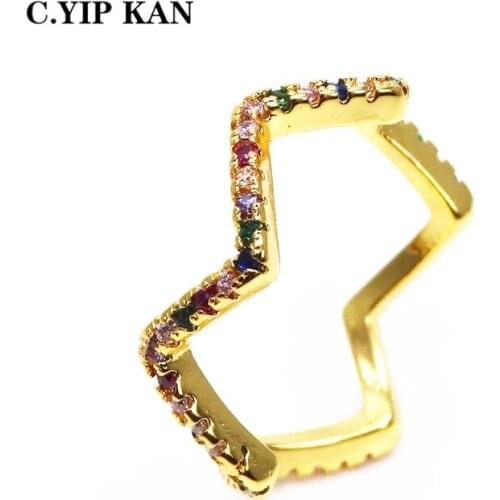 C.YIP KAN luxury Copper CZ Rainbow Rings Gold Color Accessories for Women Colorful Zircon Crystal Jewelry Birthday Party Gift