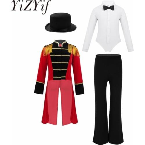 Kids Boys Child Circus Ringmaster Costume Tailcoat Jacket with Bowtie Romper Shirt for Halloween Cosplay Carnival Party Dress Up