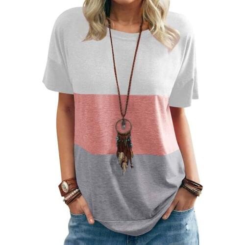 T-shirts Women Summer Wide Stripe Patchwork Color Short Sleeve O-neck Casual Fashion Tops Ladies Outside Streetwear Tees