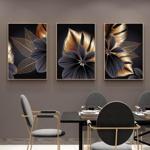 Black gold plant leaf canvas painting art poster print modern home decoration abstract wall art painting Nordic living room deco