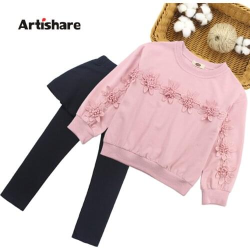 Kids Girls Clothes Set Lace Flower Sweatshirt + Pants 2PCS Costumes For Girls Spring Autumn Kids Wear 6 8 10 12 13 14 Year