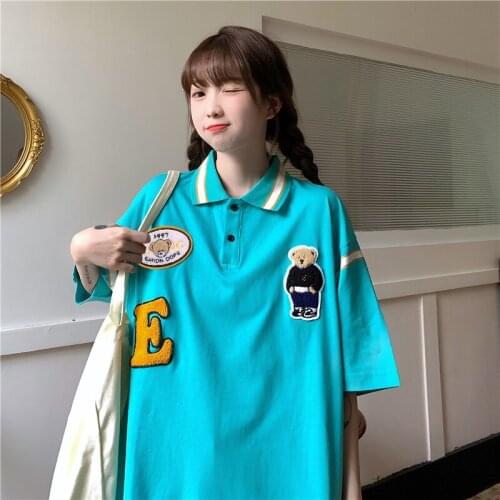 Summer new Korean version of the bear embroidery print lapel POLO shirt short-sleeved T-shirt womens loose top tide all-match