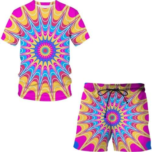 2021 Summer Men T-shirt 3d Vertigo pattern Short Sleeve and Sport Pants 2 Pieces Fitness Casual Clothes Work Out Running Suit