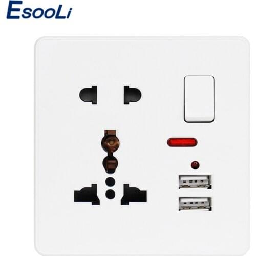 Esooli Wall Power Socket 13A Universal 5 Hole Switched Outlet 2.1A Dual USB Charger Port LED indicator