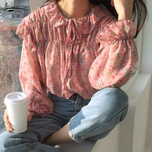 2020 Autumn New Long Sleeve Women Tops Blouse Printed Wild Chiffon Blouse Vintage Ruffled Pink Shirts Women Korean Clothes 10336
