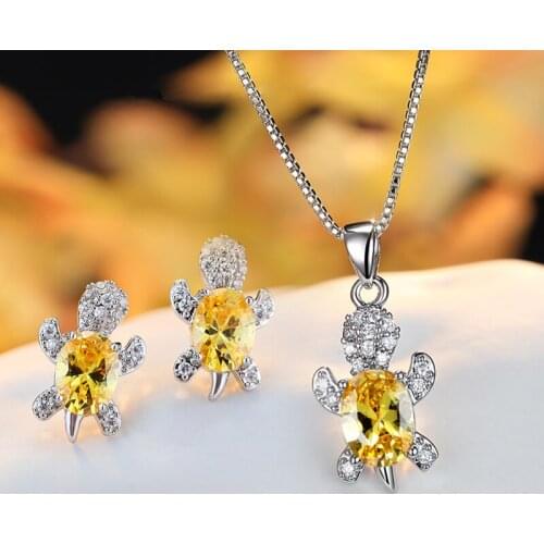 Charm Yellow Crystal Cute Turtle Jewelry Sets Dainty Oval Zircon Necklace Earrings For Women Luxury Bridal Accessory Wedding Set