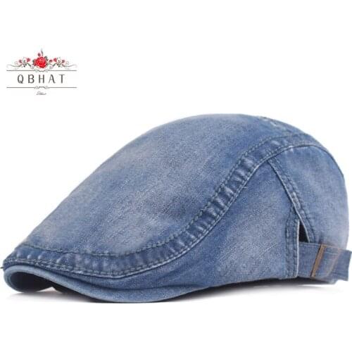 Outdoor Mens Denim Flat Newsboy Ivy Cap Hat with Buckle Strap Fashion Street Washed Distress Peaked Cap Adjustable Wholesale