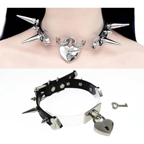 Cute Lolita Spikes Studs Handmade Leather Patchwork Collar Safe heart Lockable KEY Choker Necklace