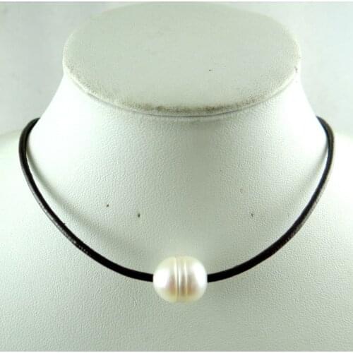Brown Genuine Leather white Freshwater Pearl Handmade Jewellery Necklace R66