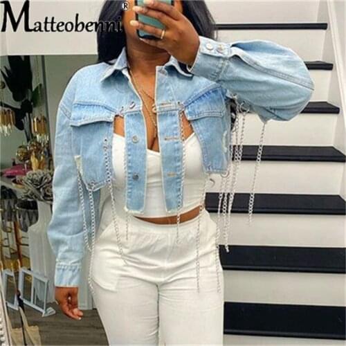 Women Sexy Ripped Denim Jackets Fashion Casual Asymmetric Short Jeans Jacket Long Sleeve Backless Chains Cropped Coat Streetwear