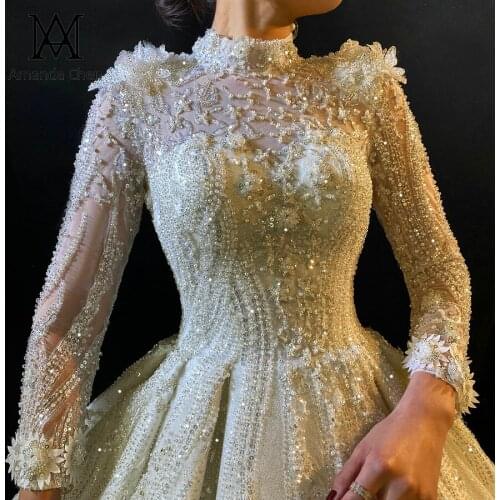High Neck Long Sleeve Lace Appliqued Luxury A-line Wedding Dress