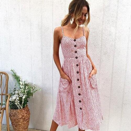 Printed Sexy Summer Dress For Women Spaghetti Strap With Open Shoulders Midi Buttons Vestidos fe Fiesta White Dresses2019
