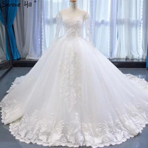 Serene Hill White Long Sleeves High Quality Bridal Gown 2019 O-Neck Handmade Flowers Wedding Dress Custom Made CHM67022