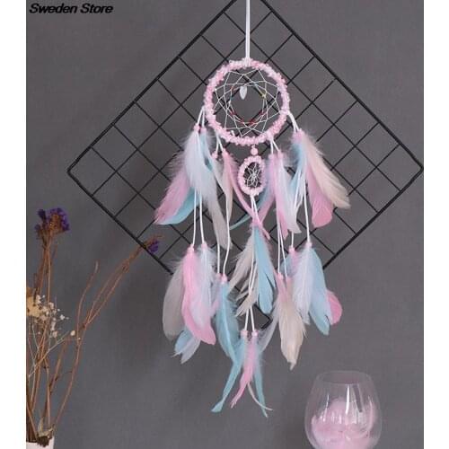 1pc Pink Feather Girl Catching Dream Net Openwork Dream Catching Lace Dreamcatcher Bead Handmade Valentines Day Gift 52*12cm
