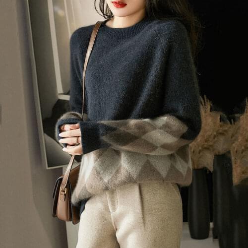 2021 spring and autumn loose wild retro diamond long-sleeved rabbit fur sweater pullover round neck sweater women foreign style
