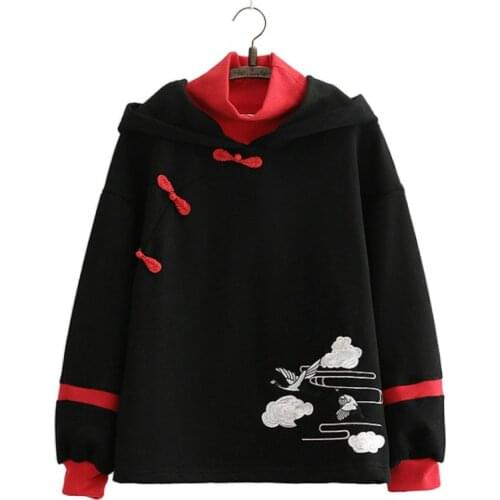 Womens Sweatshirt Black Cartoon Embroidery Harakuju Hooded Pullover Long Sleeve Sweet Style Top 2020 Winter Clothes Women