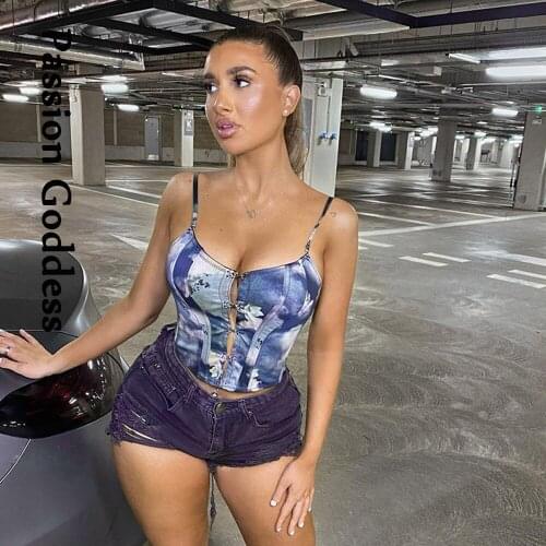 Sexy Women Tie Dye Angel Printed Corset Tubes Tops Sleeveless Slim Low-cut Camis Front Row Button Corset Crop Top Party Camisole