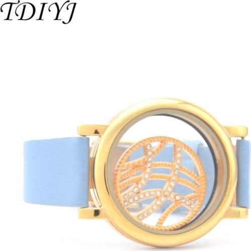 TDIYJ 1Set Jewelry Stainless Steel Magnetic Glass Living Memory Locket Leather Warp Bracelets with 25mm Crystal Coin for Women