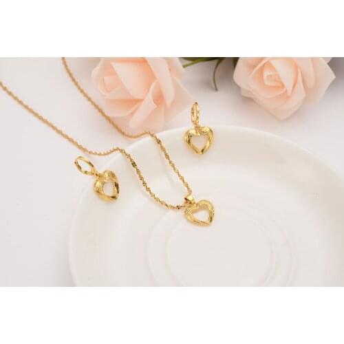 Dubai India 18 k Yellow Solid G/F Gold love Hollow heart set Jewelrysets women Pendant Chain Earrings African Bride Bijoux