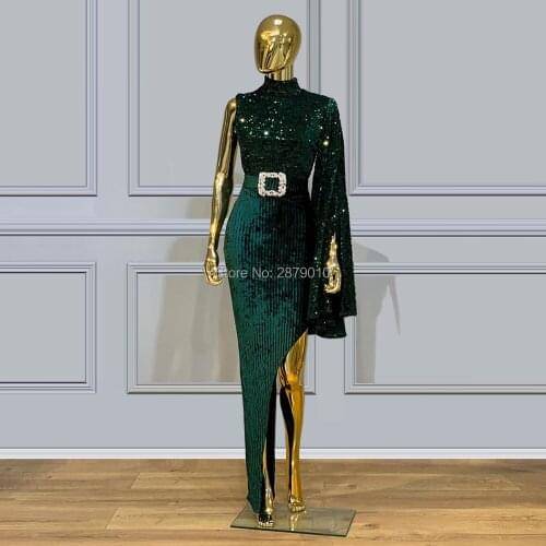 Green Elegant Islamic Mermaid Evening Dress High Neck Floor-Length Sequins Prom Dress Robe De Soiree Aibye Middle East Dubai