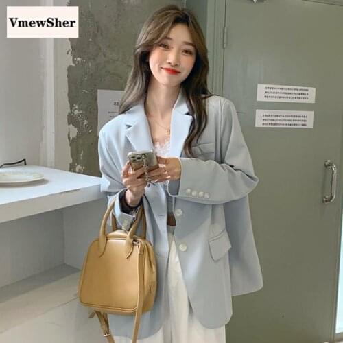 VmewSher New Spring Casual Solid Women Blazer Jacket Loose Long Sleeve Fashion Blue Autumn Suit Coat Plain Lady Elegant Outwear