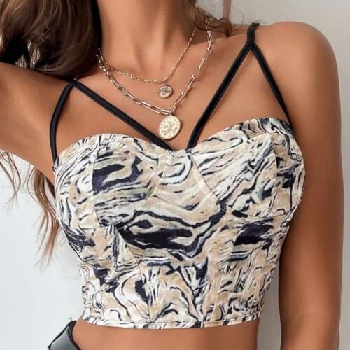 Vintage Swirl Print Khaki Camis Gothic Aesthetic Bodycon Corset Top Women Sexy Halter Elegant Bra Backless Tank Tops Y2K Clothes