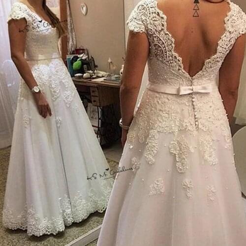 Vestido de Noiva A Line White Wedding Dresses 2019 Pearls Lace Wedding Gowns Cheap Bride Dress Cap Sleeve V Neck Back Mariage