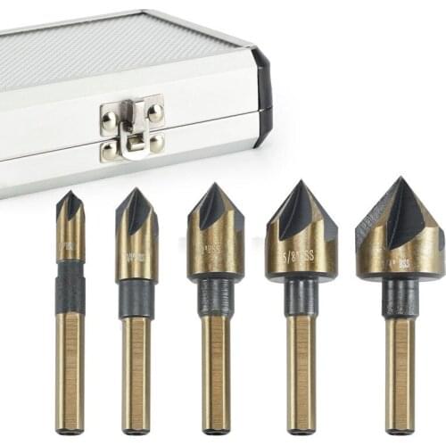 5 Pcs/Set Industrial Countersink Drill Bit Set Tri-Flat Shank Quick Change 1/4"-3/4" Kit Tool With Box Hand Power Tool #251875