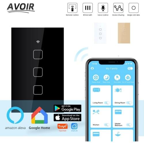Avoir Wall Switch Smart Home Control Wifi Wireless Light Switch Glass Panel 120mm*76mm 1 2 3 4 Gang Work With Alexa Google Home