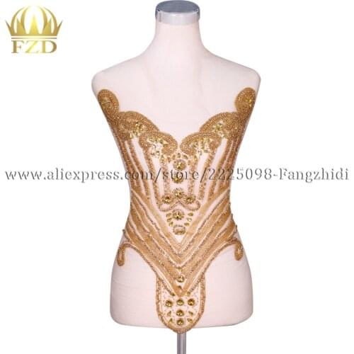 FZD 1 PC Handmade Sew On rhinestone Temple beaded patches Applique Bodices Patches for Wedding Ball Gown Dress DIY Fabric