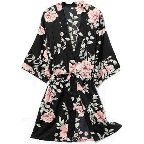 Print Flower Robe Kimono Bathrobe Gown Silky Soft Nightgown Nightdress Casual Sleepwear Lady Sexy Black Home Dress Wedding Robe
