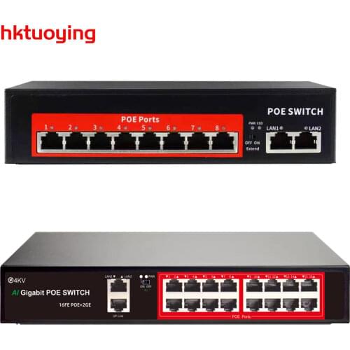 HKTUOYING 48V 8/16 Ports POE Switch Ethernet 10/100Mbps IEEE 802.3 af/at for IP Camera/CCTV Security Camera System