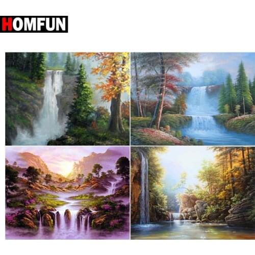 HOMFUN Paint With Diamond Embroidery "Forest lake waterfall" Diamond Painting Full Square Round Picture Of Rhinestone Decor