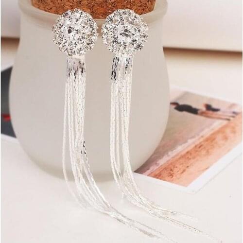 Classic Luxury Bridal Rhinestone Round Shape Long Tassel Clip on Earrings Non Piercing for Women Statement Earrings